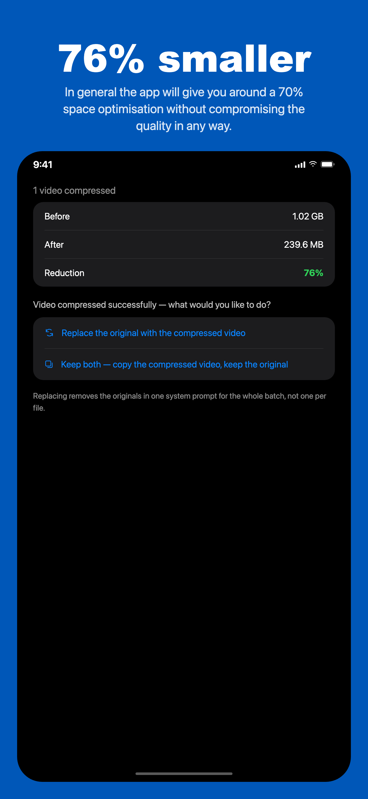 Video Space Saver showing a video compressed from 1.02 GB to 239.6 MB, a 76% reduction
